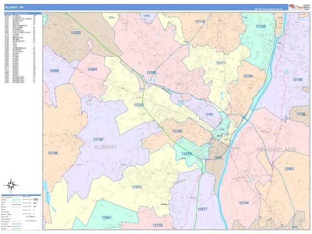 Albany, NY ZIP Code Wall Map, ColorCast style