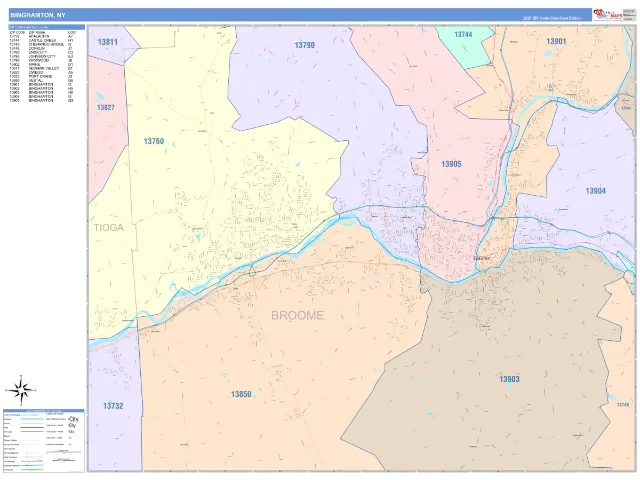 Binghamton, NY ZIP Code Wall Map, ColorCast style
