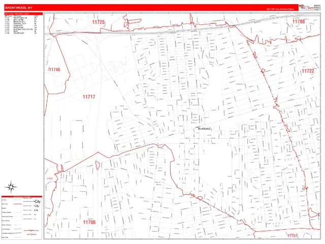 Brentwood, NY ZIP Code Wall Map, RedLine style