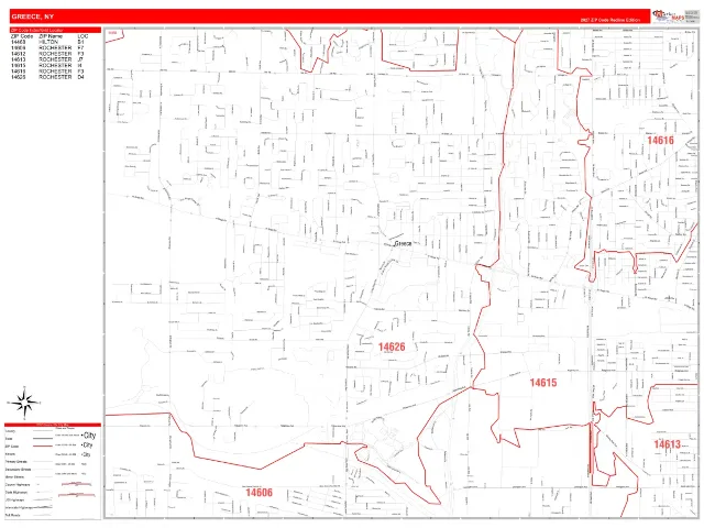 Greece, NY ZIP Code Wall Map, RedLine style