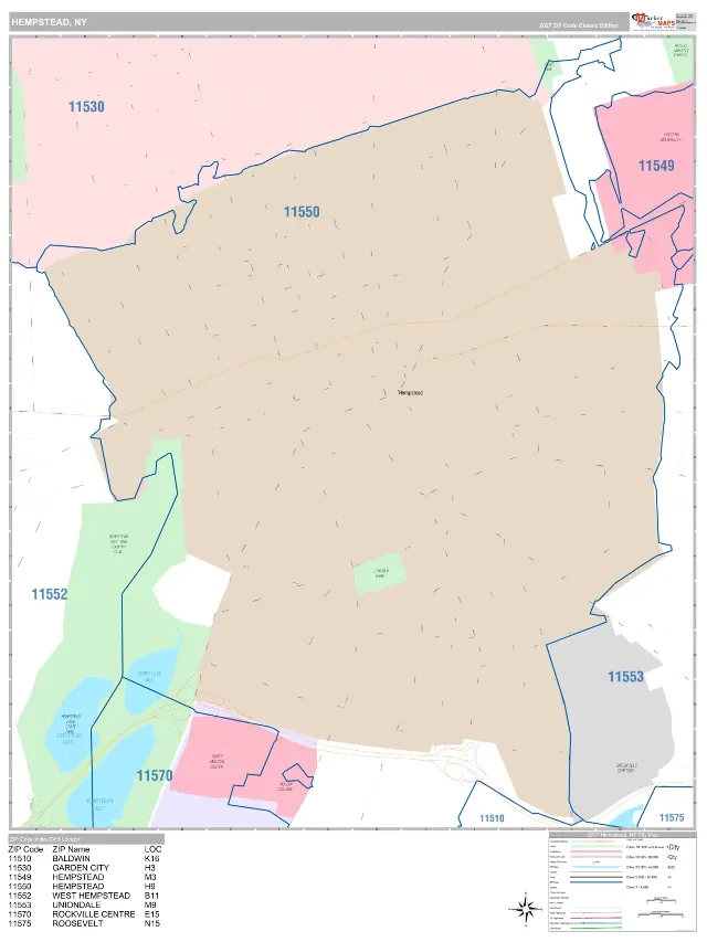 Hempstead, NY ZIP Code Wall Map, Classic style