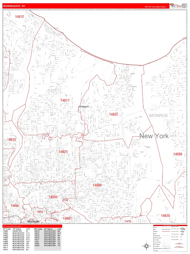 Irondequoit, NY ZIP Code Wall Map, RedLine style