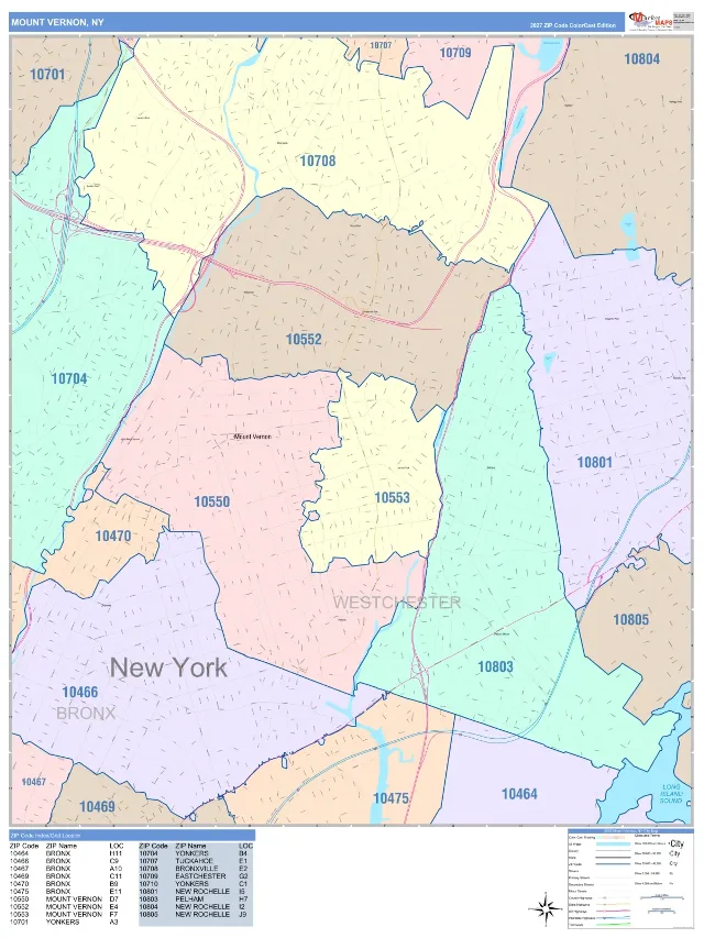 Mount Vernon, NY ZIP Code Wall Map, ColorCast style