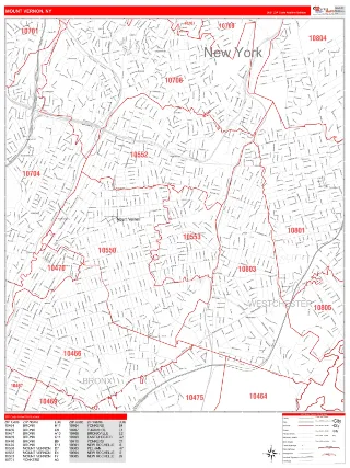 Mount Vernon, NY RedLine style ZIP Code wall map