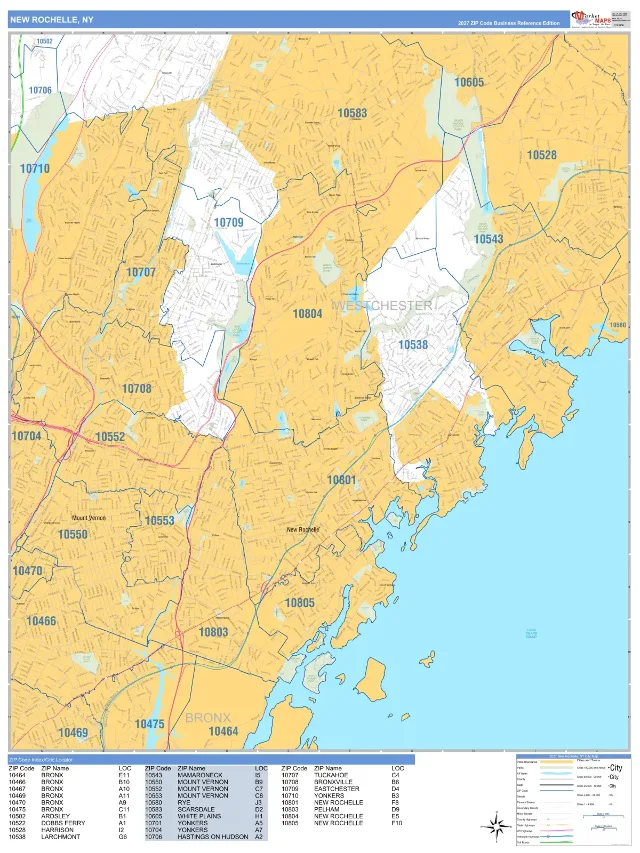 New Rochelle, NY ZIP Code Wall Map, Business Reference style