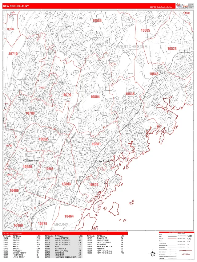 New Rochelle, NY ZIP Code Wall Map, RedLine style