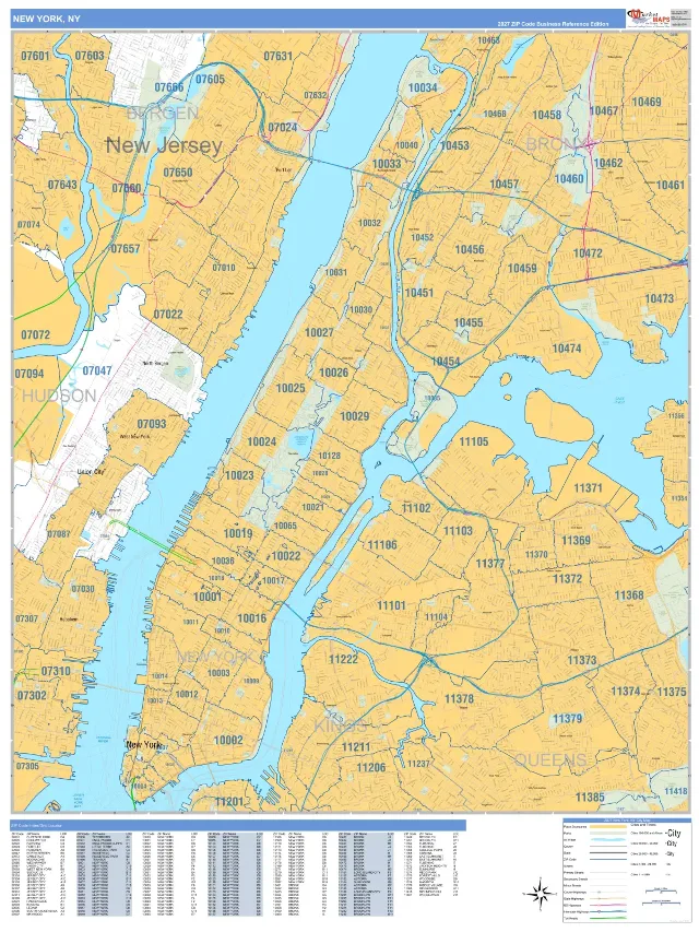 New York, NY ZIP Code Wall Map, Business Reference style