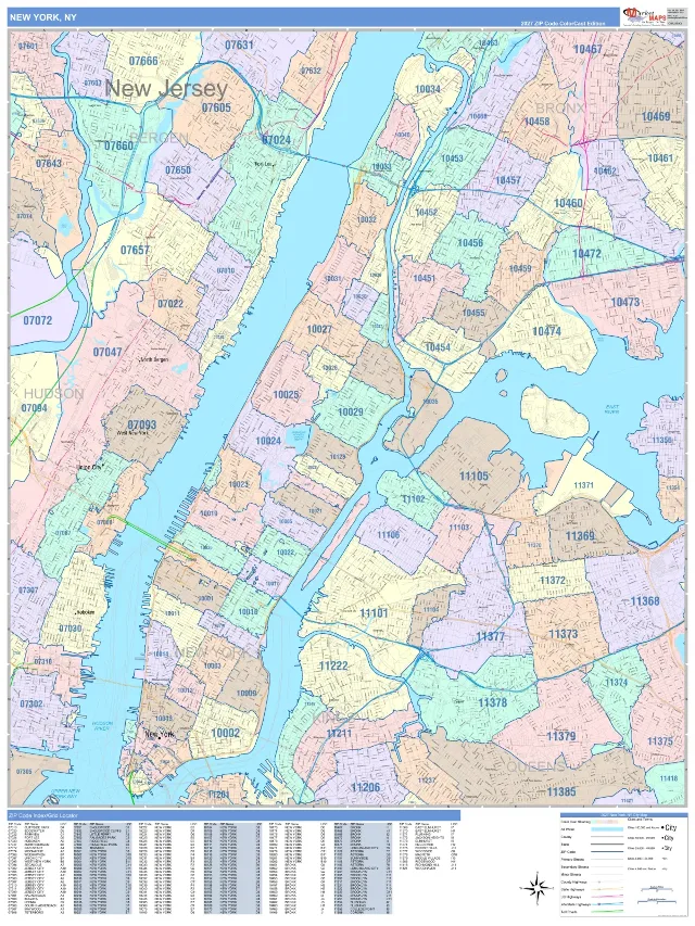 New York, NY ZIP Code Wall Map, ColorCast style