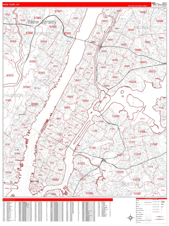 New York, NY ZIP Code Wall Map, RedLine style