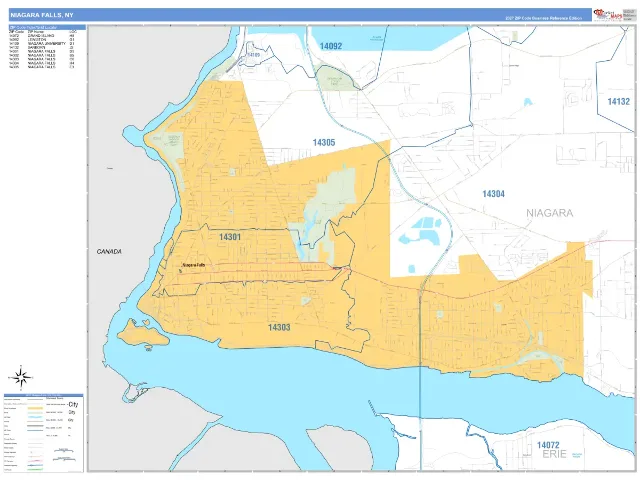 Niagara Falls, NY ZIP Code Wall Map, Business Reference style