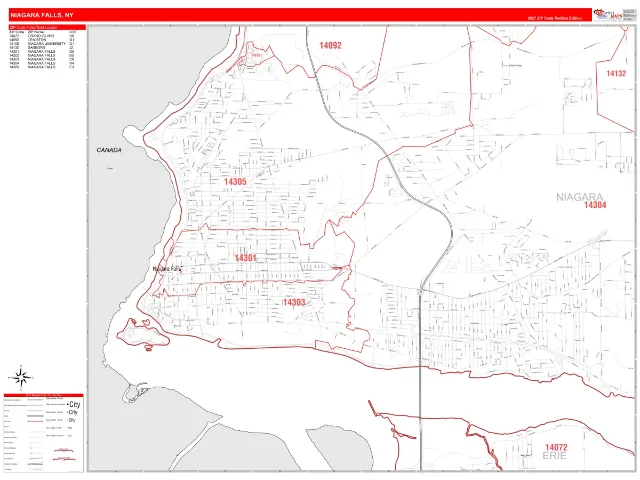 Niagara Falls, NY ZIP Code Wall Map, RedLine style