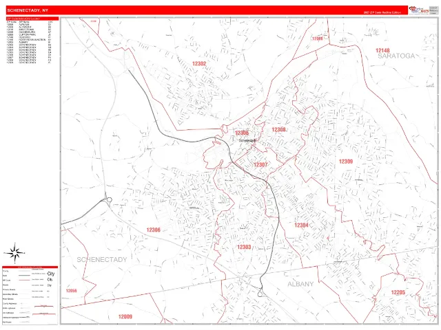 Schenectady, NY ZIP Code Wall Map, RedLine style