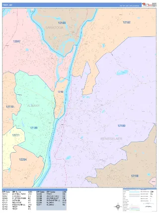 Troy, NY ColorCast style ZIP Code wall map
