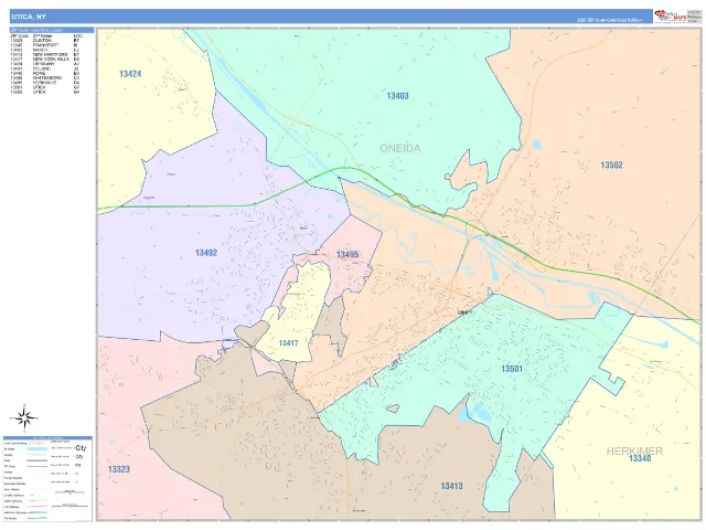 Utica, NY ZIP Code Wall Map, ColorCast style