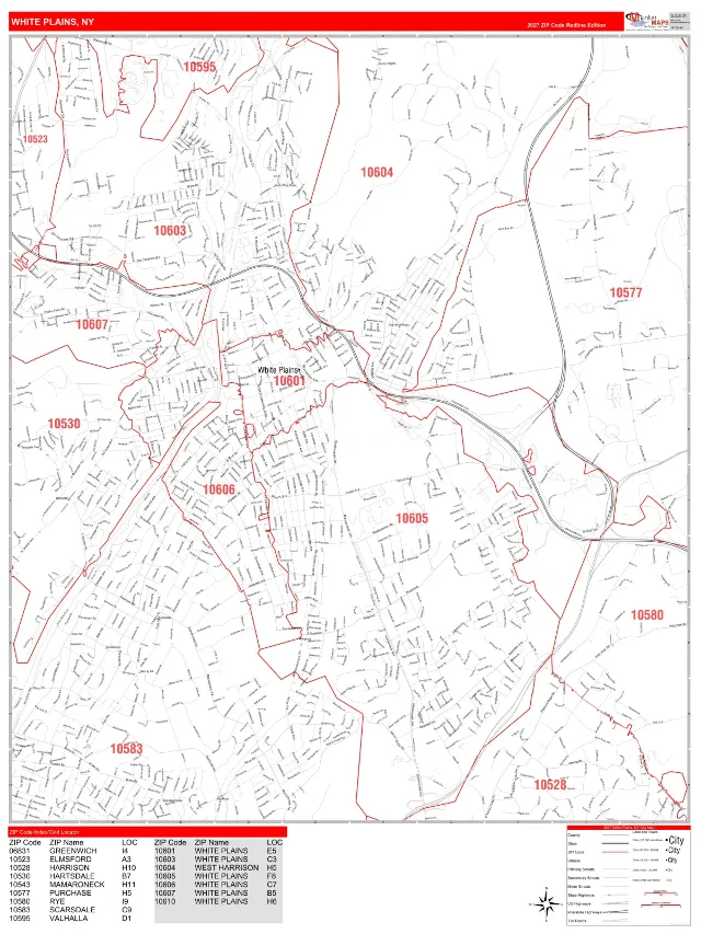 White Plains, NY ZIP Code Wall Map, RedLine style