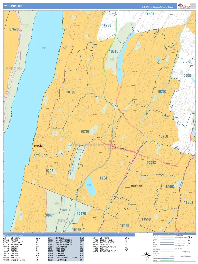 Yonkers, NY ZIP Code Wall Map, Business Reference style