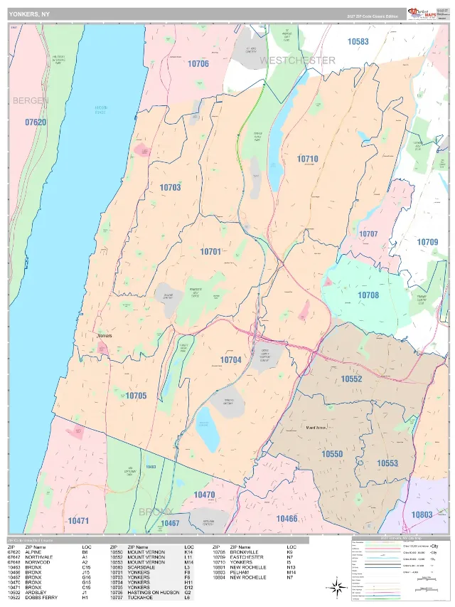 Yonkers, NY ZIP Code Wall Map, Classic style