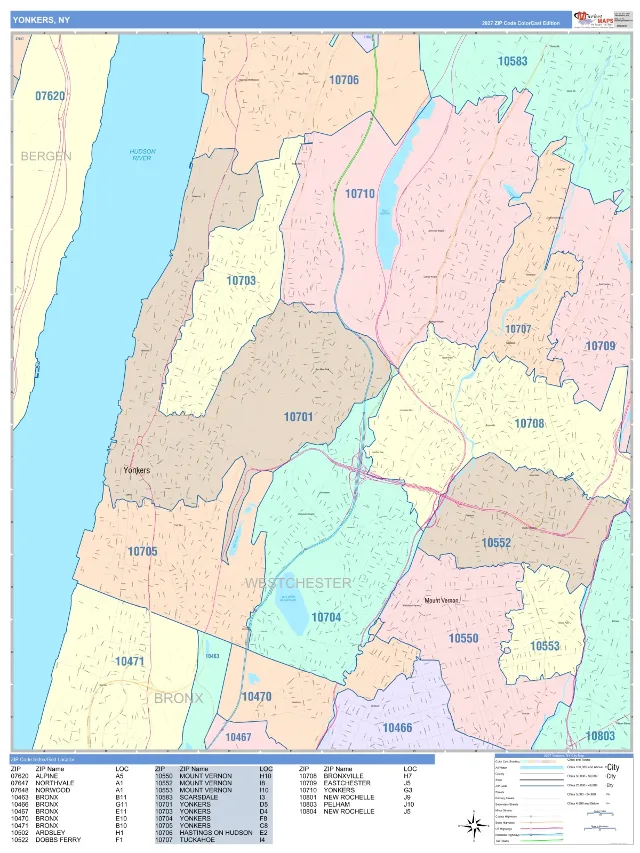 Yonkers, NY ZIP Code Wall Map, ColorCast style