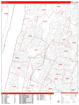 Yonkers, NY RedLine style ZIP Code wall map