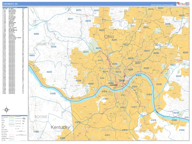 Cincinnati, OH ZIP Code Wall Map, Business Reference style