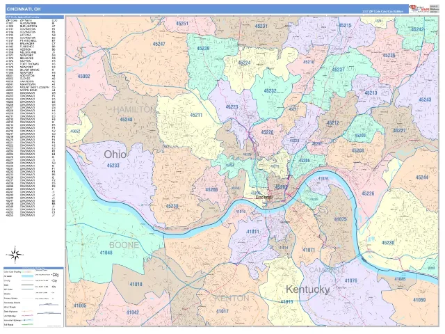 Cincinnati, OH ZIP Code Wall Map, ColorCast style