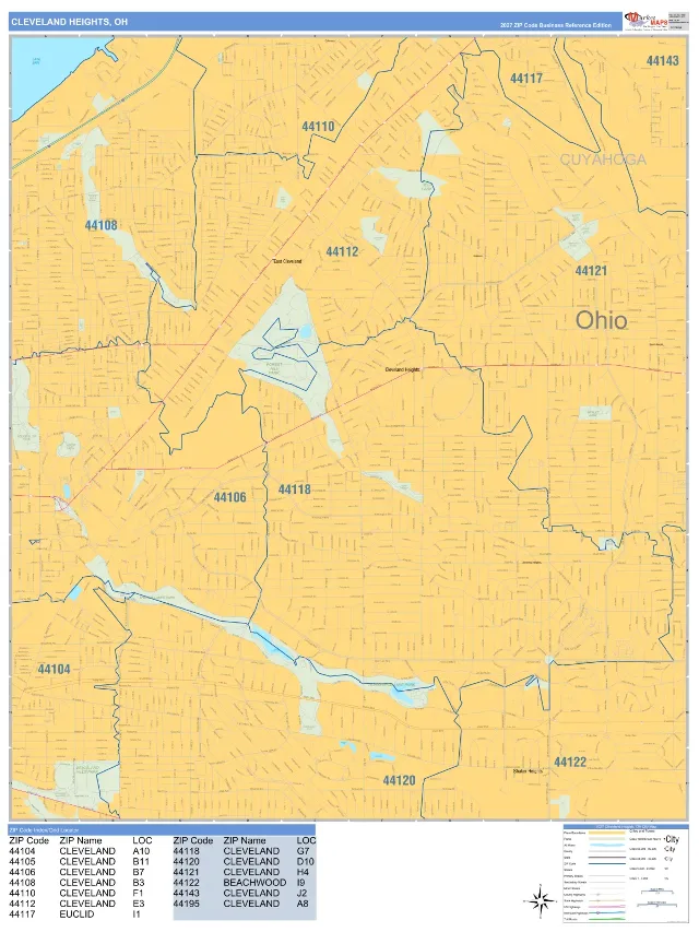 Cleveland Heights, OH ZIP Code Wall Map, Business Reference style