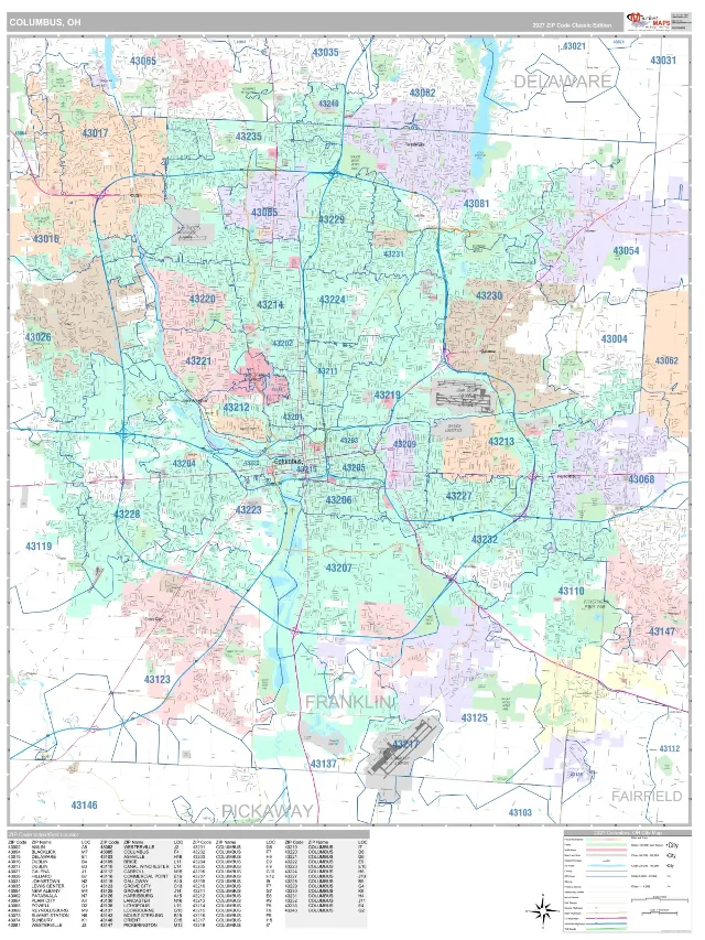 Columbus, OH ZIP Code Wall Map, Classic style