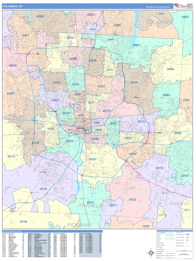 Columbus, OH ZIP Code Wall Map, ColorCast style