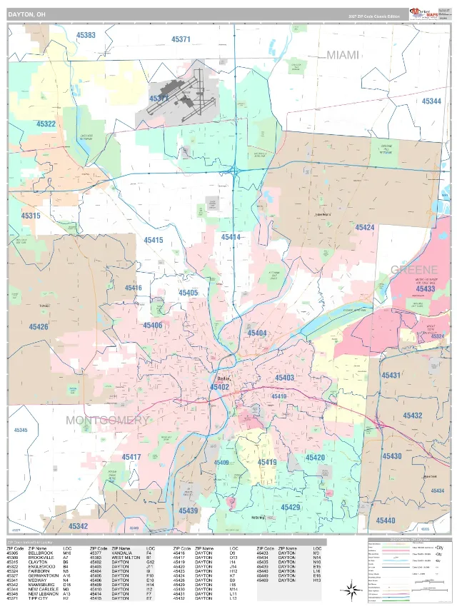 Dayton, OH ZIP Code Wall Map, Classic style
