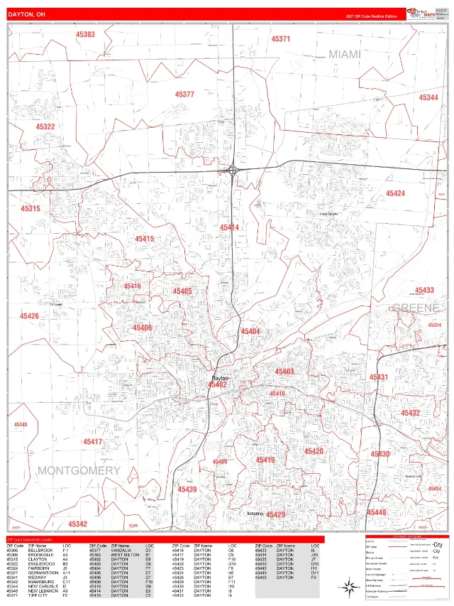 Dayton, OH ZIP Code Wall Map, RedLine style