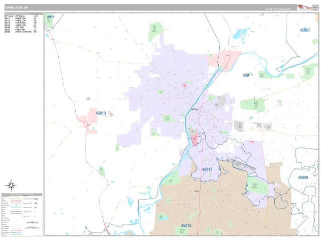 Hamilton, OH ZIP Code Wall Map, Classic style
