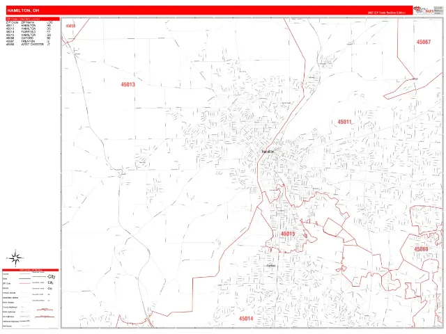 Hamilton, OH ZIP Code Wall Map, RedLine style