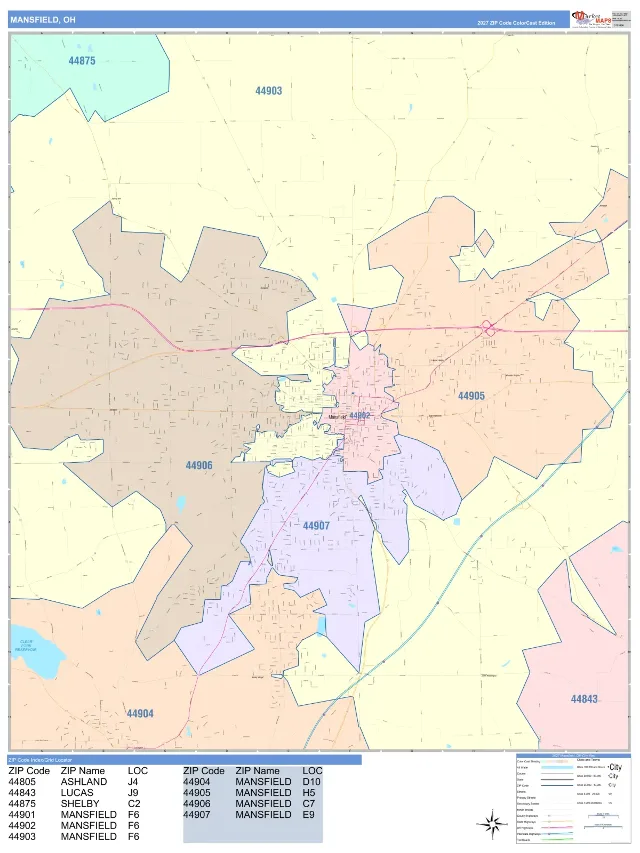 Mansfield, OH ZIP Code Wall Map, ColorCast style