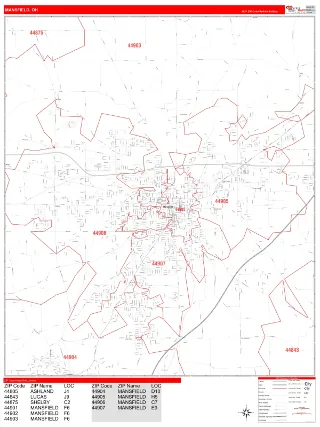 Mansfield, OH RedLine style ZIP Code wall map