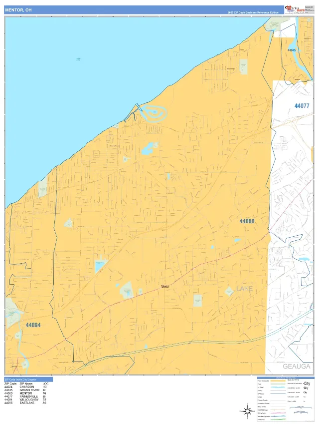 Mentor, OH ZIP Code Wall Map, Business Reference style