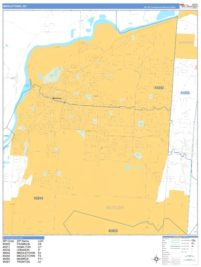 Middletown, OH ZIP Code Wall Map, Business Reference style