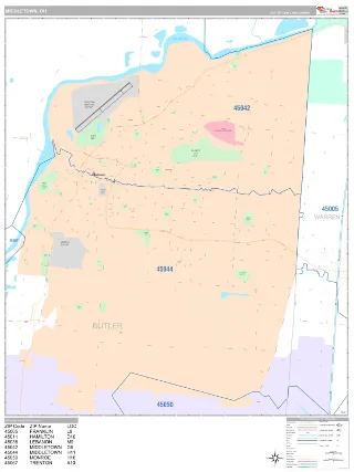 Middletown, OH Classic style ZIP Code wall map