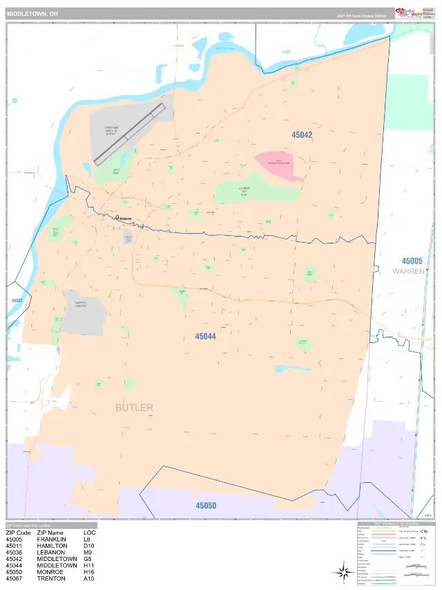Middletown, OH ZIP Code Wall Map, Classic style