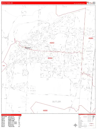 Middletown, OH RedLine style ZIP Code wall map