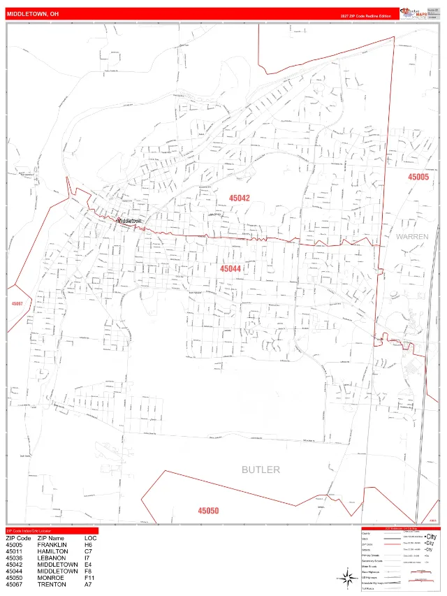Middletown, OH ZIP Code Wall Map, RedLine style