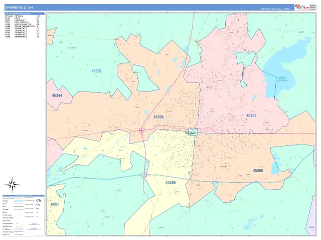 Springfield, OH ZIP Code Wall Map, ColorCast style