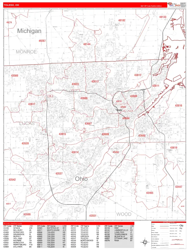 Toledo, OH ZIP Code Wall Map, RedLine style