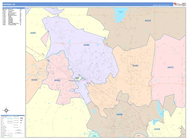 Warren, OH ZIP Code Wall Map, ColorCast style