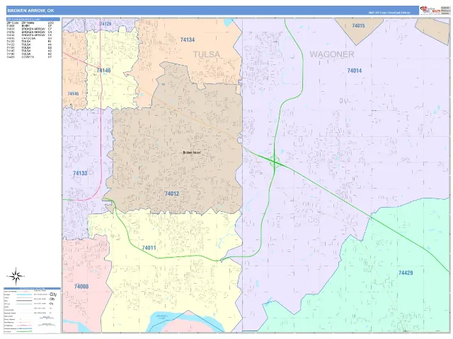 Broken Arrow, OK ZIP Code Wall Map, ColorCast style