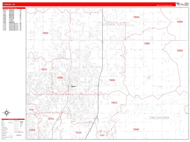 Edmond, OK ZIP Code Wall Map, RedLine style