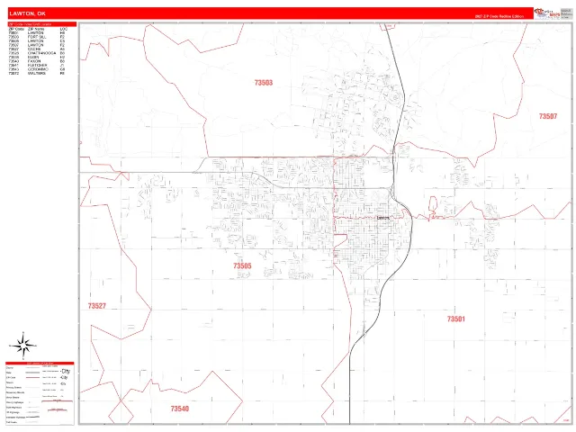 Lawton, OK ZIP Code Wall Map, RedLine style