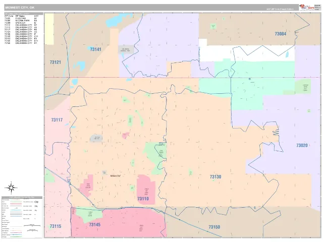 Midwest City, OK ZIP Code Wall Map, Classic style