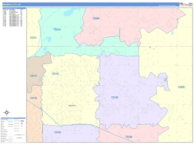 Midwest City, OK ZIP Code Wall Map, ColorCast style