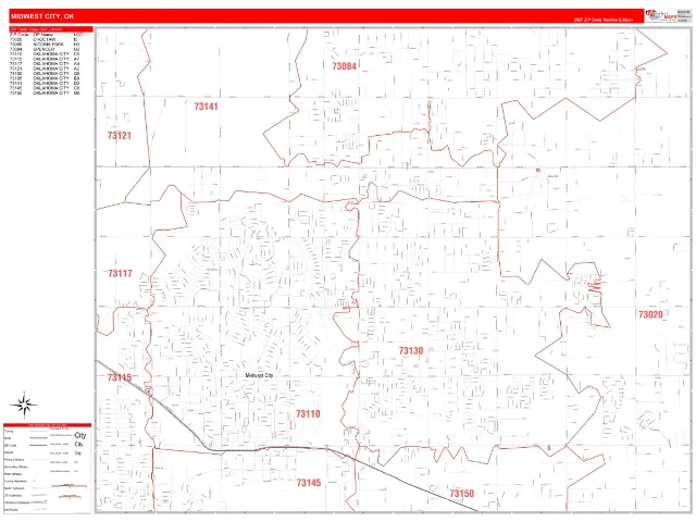 Midwest City, OK ZIP Code Wall Map, RedLine style