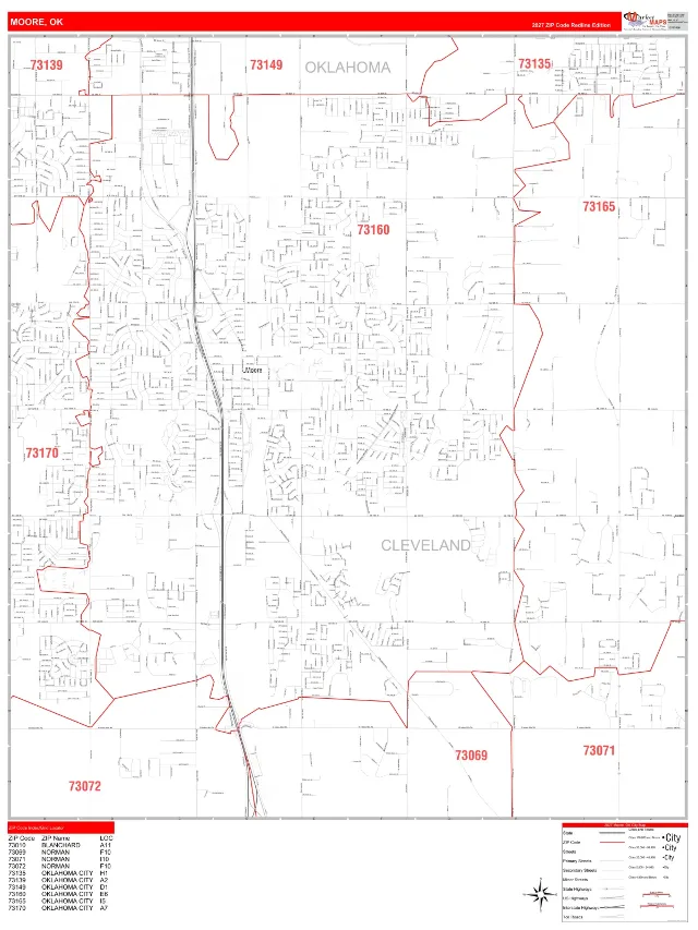 Moore, OK ZIP Code Wall Map, RedLine style